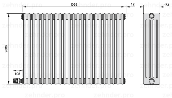 Схема (чертеж) Радиатор Zehnder Charleston 5280/23 №V003 Белый глянцевый RAL 9016